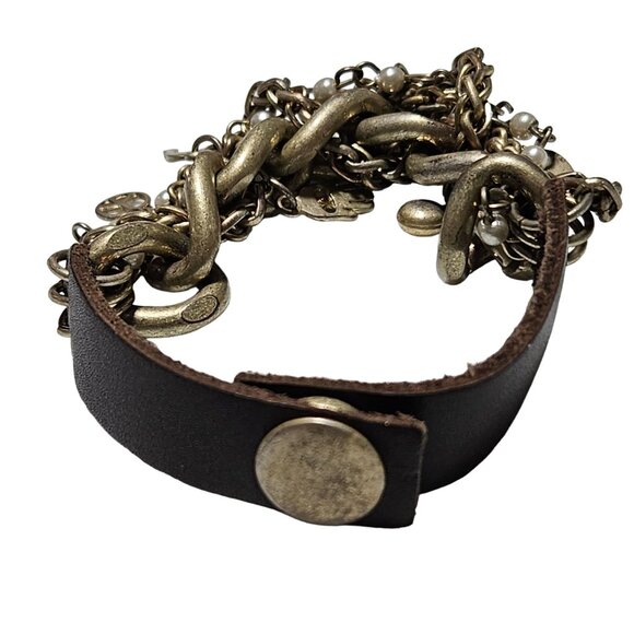 Vintage Leather Brass Chain Link Charm Bracelet Faux Pearls Fashion Jewelry - Picture 5 of 8